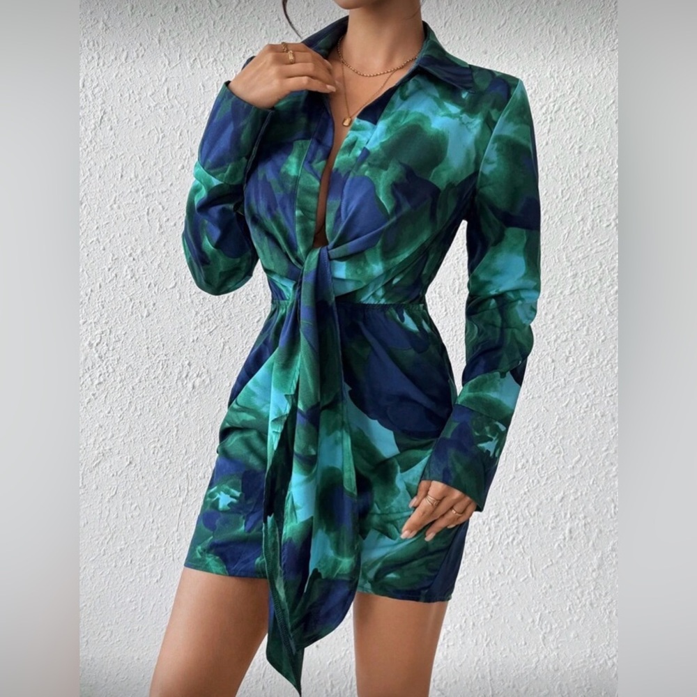 SHEIN Vibrant Green and Blue Long Sleeve Dress